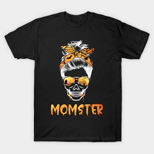 Momster Mom Skull Messy Bun Spooky Glasses Halloween Costume T-Shirt